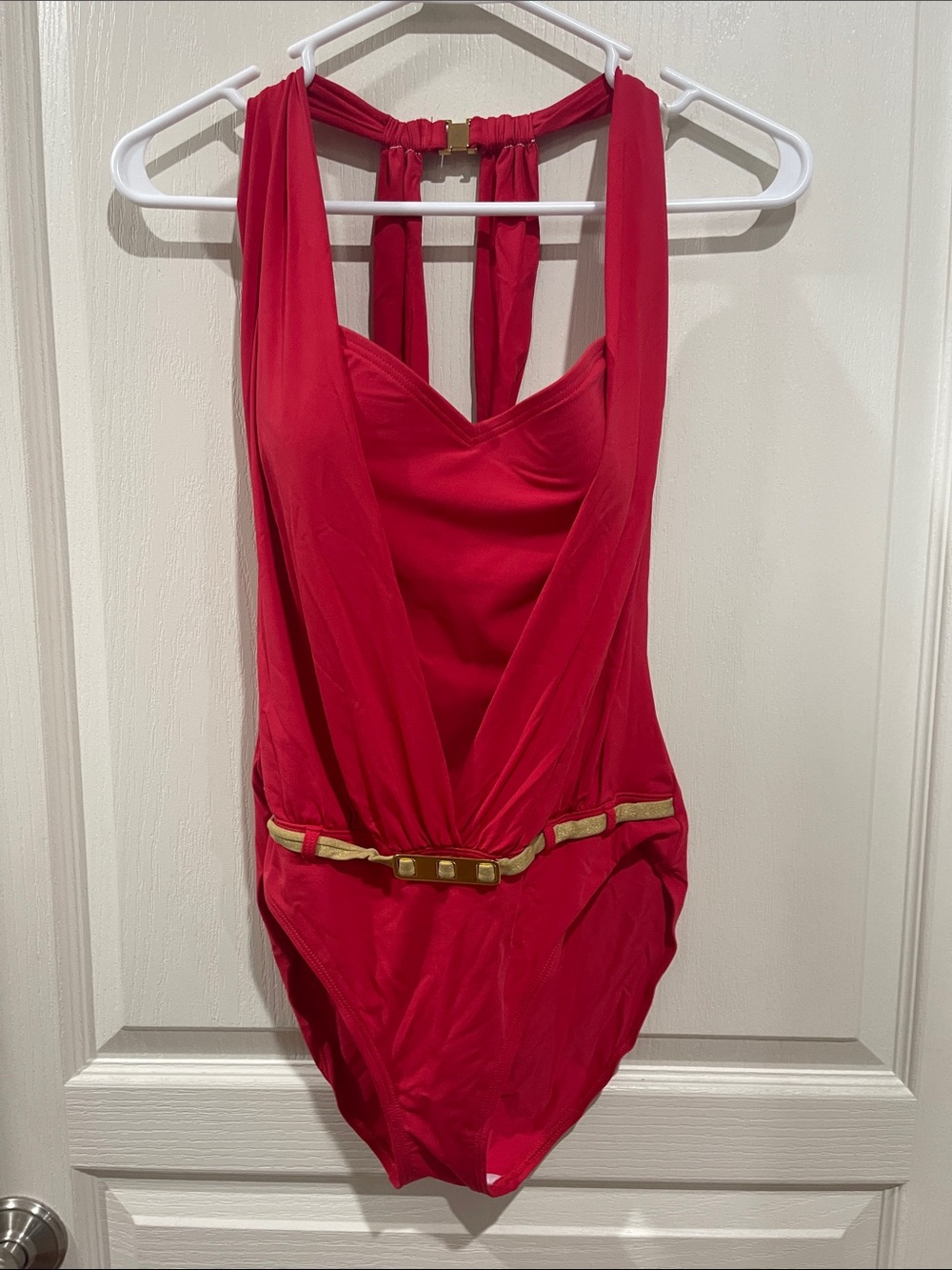 Red Womens One-Piece Swimsuit with Gold Accent